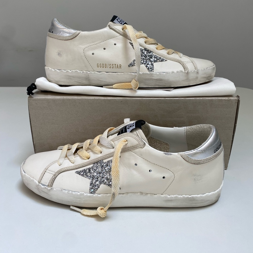 Golden Goose Superstar Sneaker in White Leather/Silver/Glitter Sz 40 New in Box - Picture 3 of 15